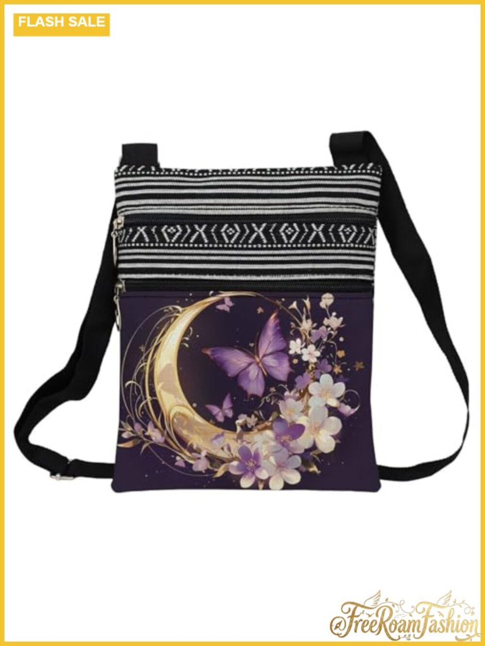 Floral Butterfly Moon Polyester Crossbody Bag Adjustable Strap
